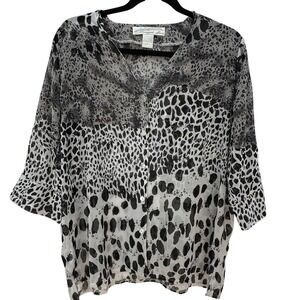 Pineapple Moon Womens Animal Print Sheer Button‎ Down Top Size L Black Gray